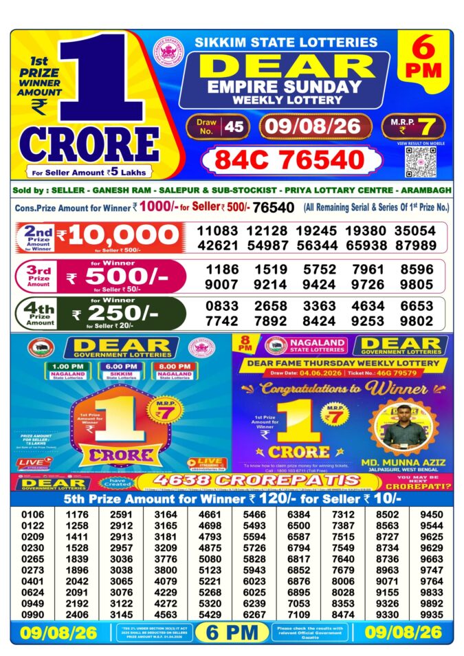 09-08-26 Sikkim State Lottery 6 PM Dear Result Lottery Result Today 09.08.26