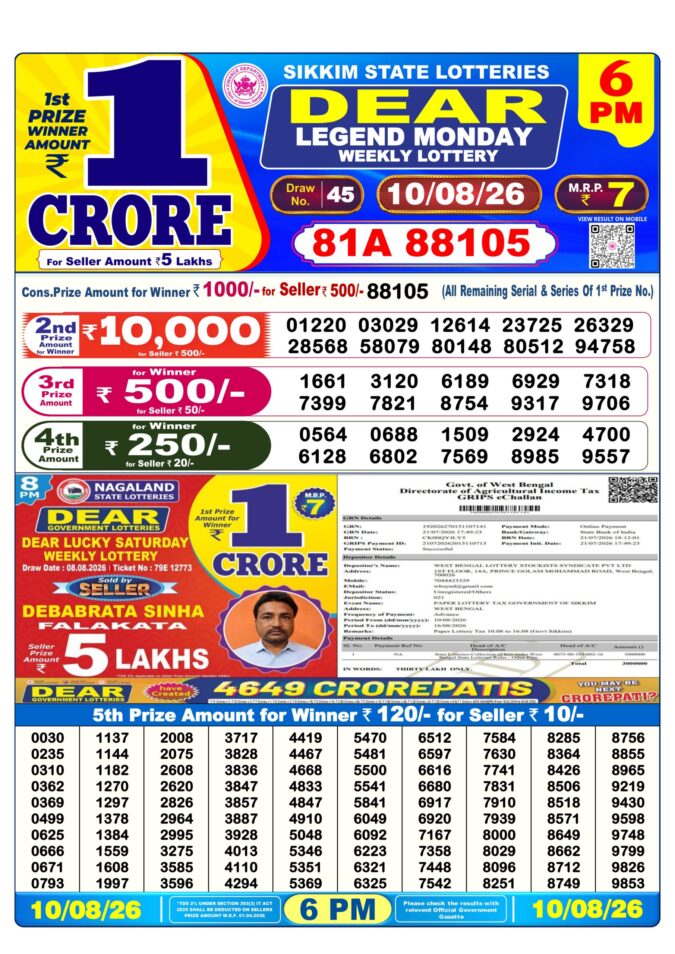 10-08-26 Sikkim State Lottery 6 PM Dear Result Lottery Result Today 10.08.26