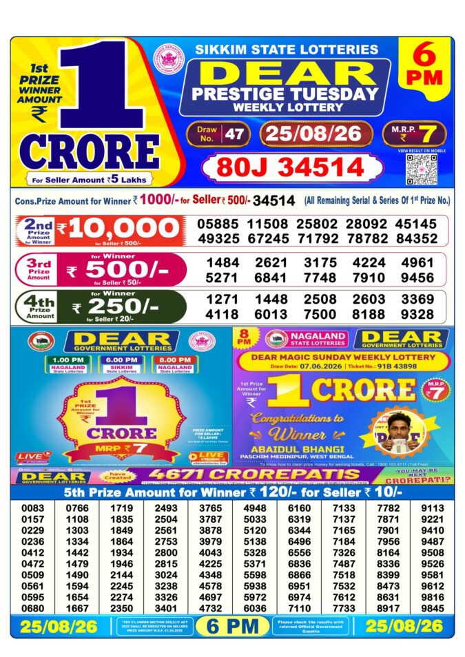 25-08-26 Sikkim State Lottery 6 PM Dear Result Lottery Result Today 25.08.26
