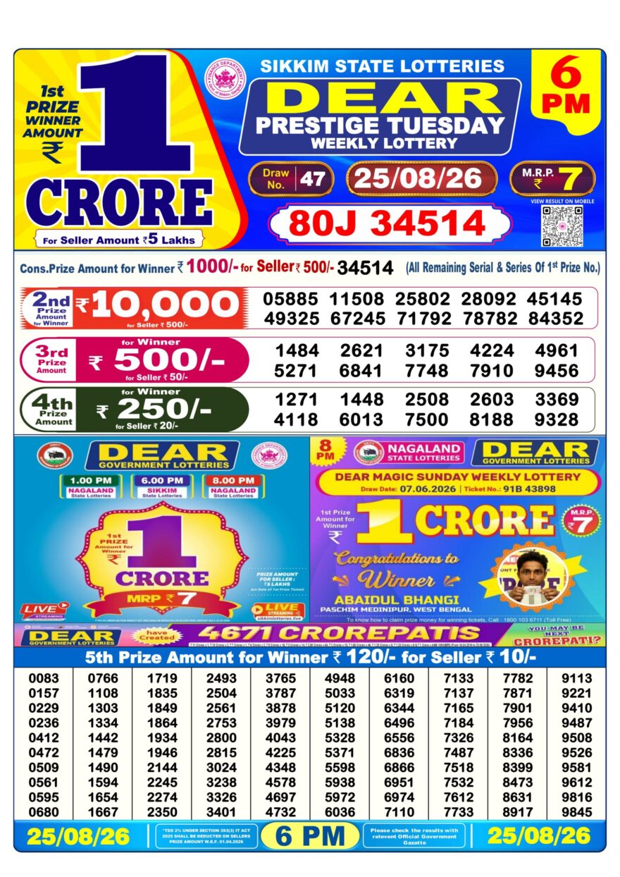Lottery Result Today 25.08.26