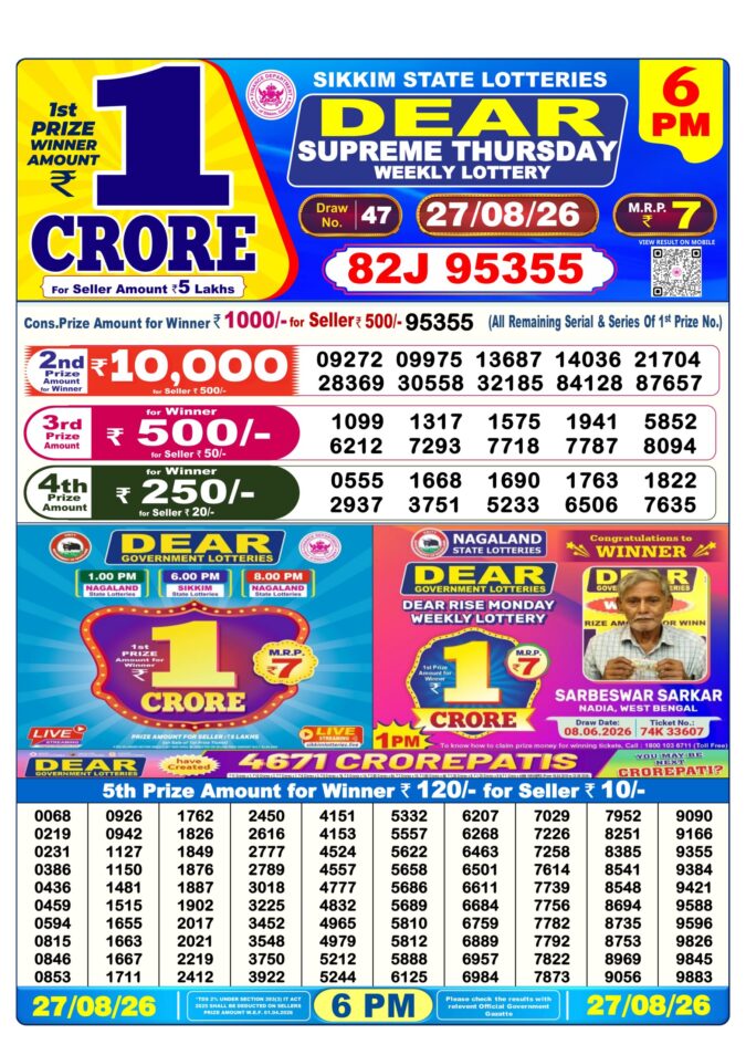 27-08-26 Sikkim State Lottery 6 PM Dear Result Lottery Result Today 27.08.26