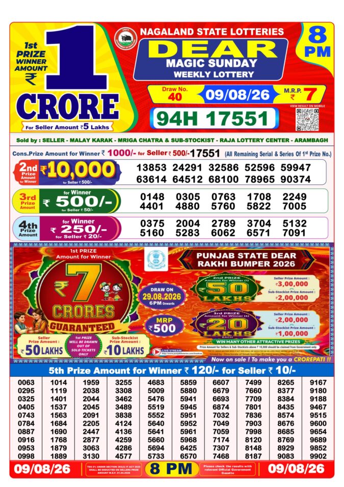 09-08-26 Nagaland Lottery Sambad 8 PM Result Dear Lottery Lottery Result Today 09.08.26
