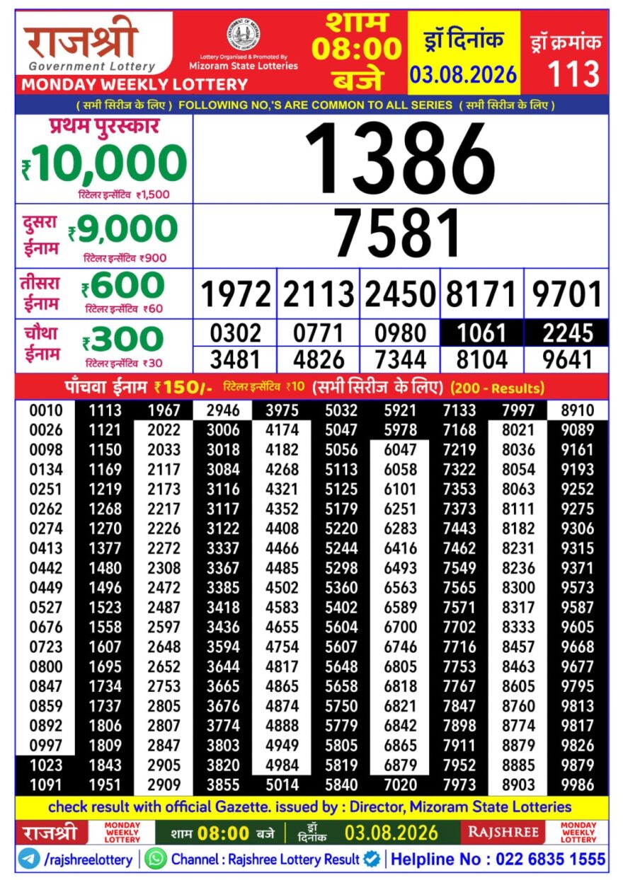 Lottery Result Today 03.08.26
