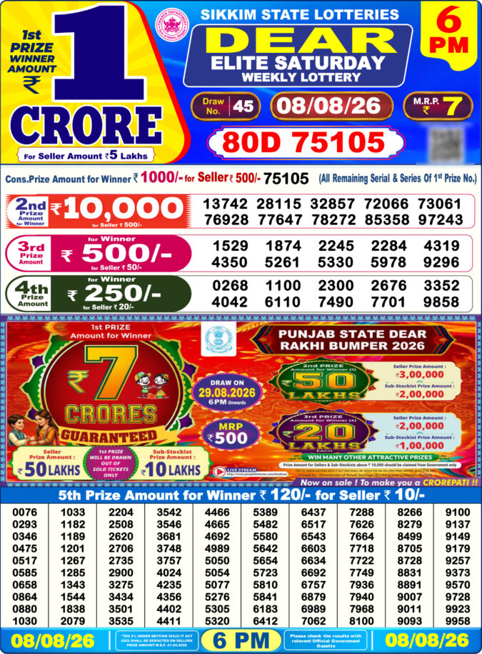 08-08-26 Sikkim State Lottery 6 PM Dear Result Lottery Result Today 08.08.26