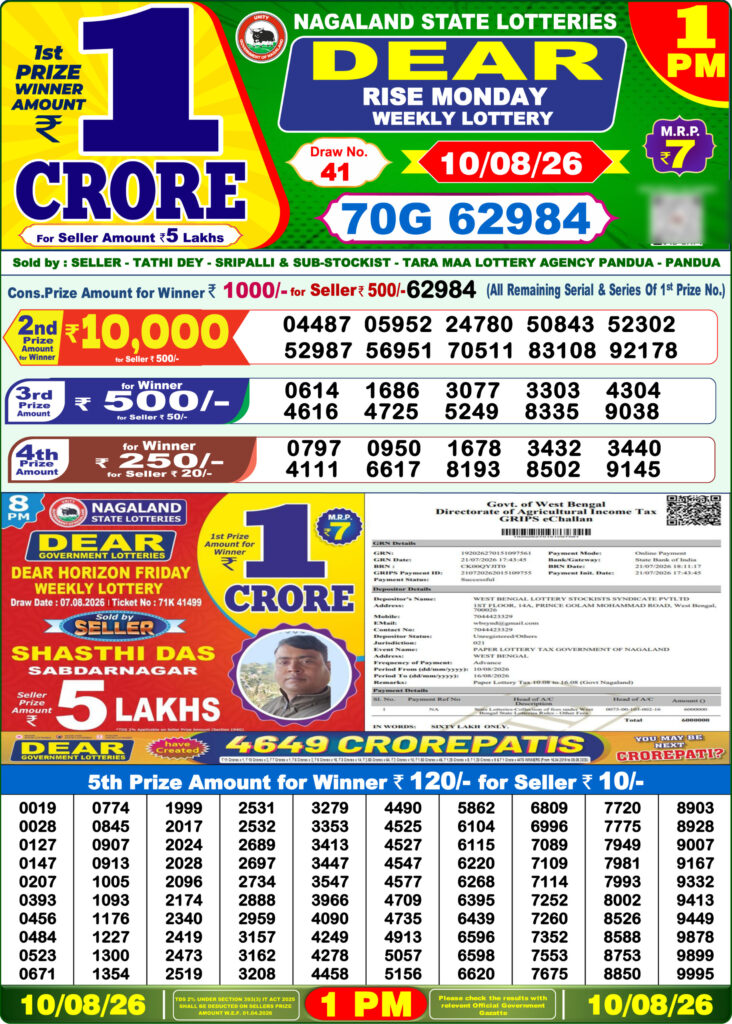 10-08-26 Lottery Sambad 1 PM Result Dhankesari Lottery Result Today 10.08.26
