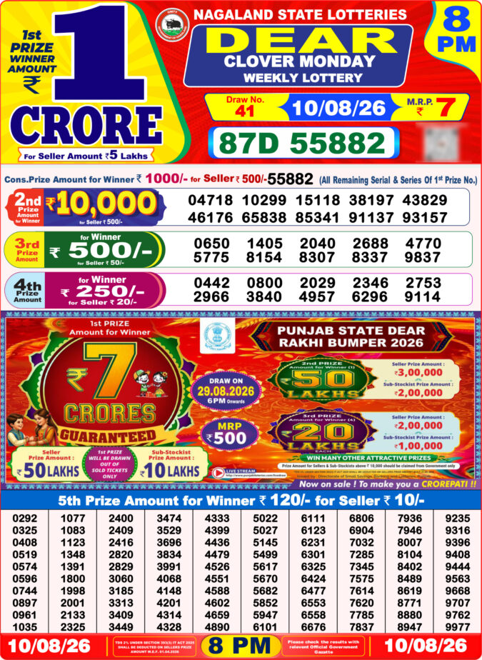 10-08-26 Nagaland Lottery Sambad 8 PM Result Dear Lottery Lottery Result Today 10.08.26