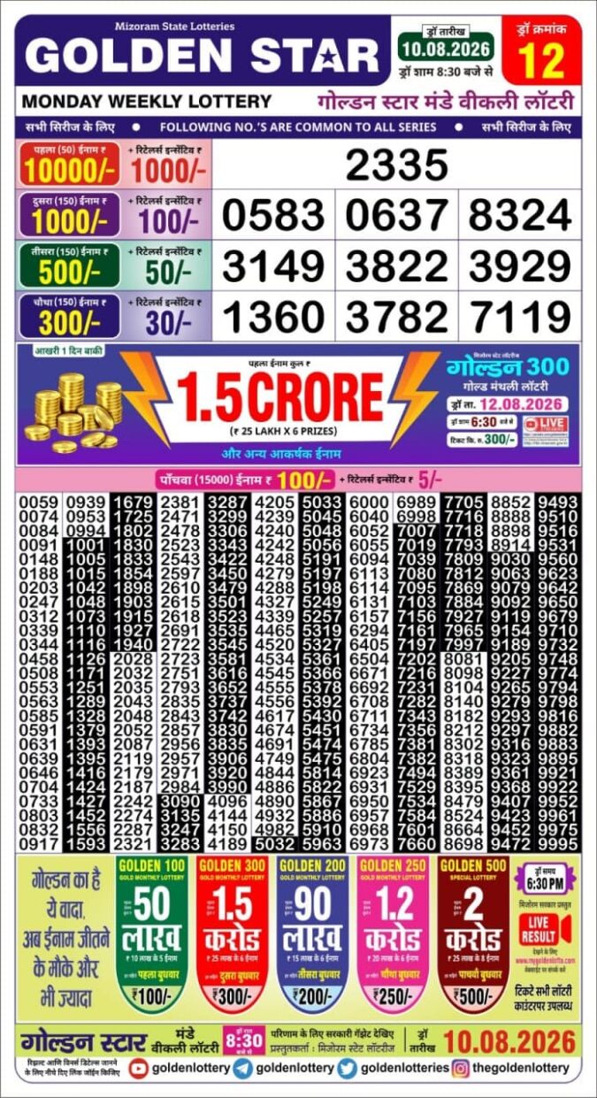 10-08-26 Golden Star Weekly 8:30 PM Result Today Lottery Result Today 10.08.26