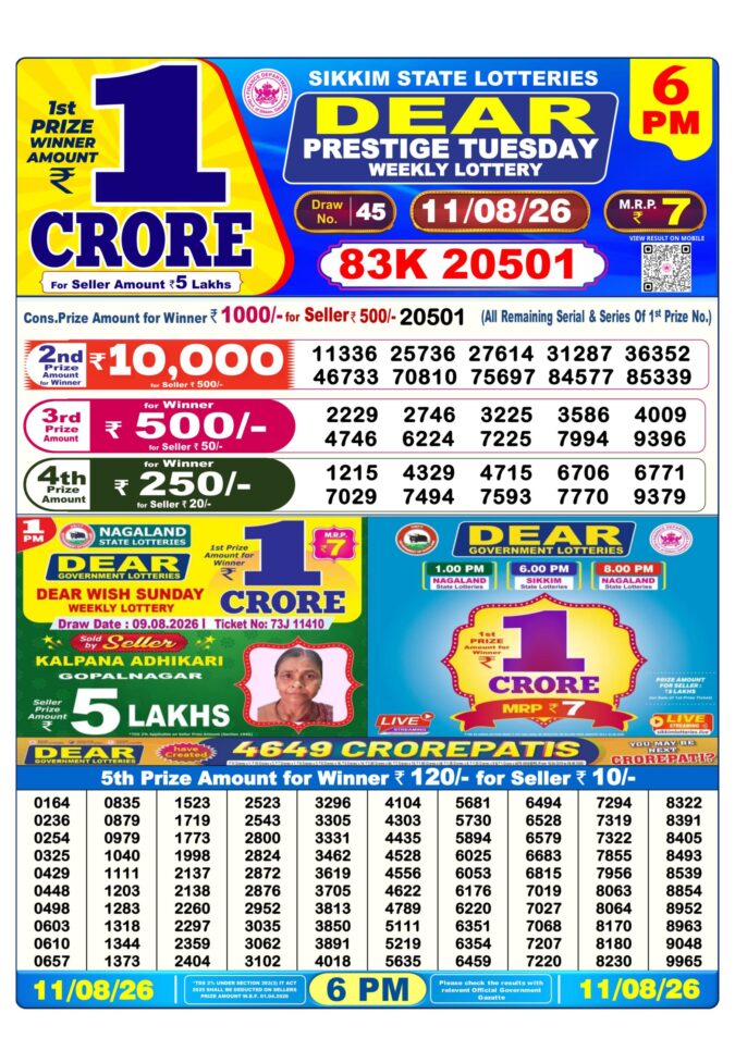 11-08-26 Sikkim State Lottery 6 PM Dear Result Lottery Result Today 11.08.26