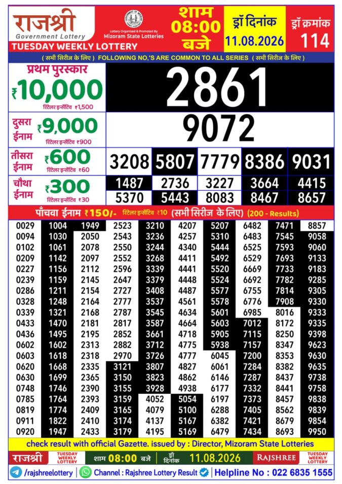 11-08-26 Rajshree Lottery 8 PM Result Today Lottery Result Today 11.08.26