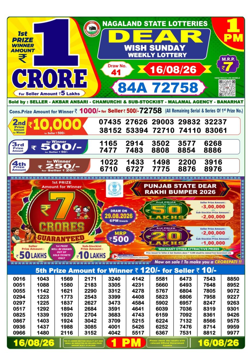 Lottery Result Today 16.08.26