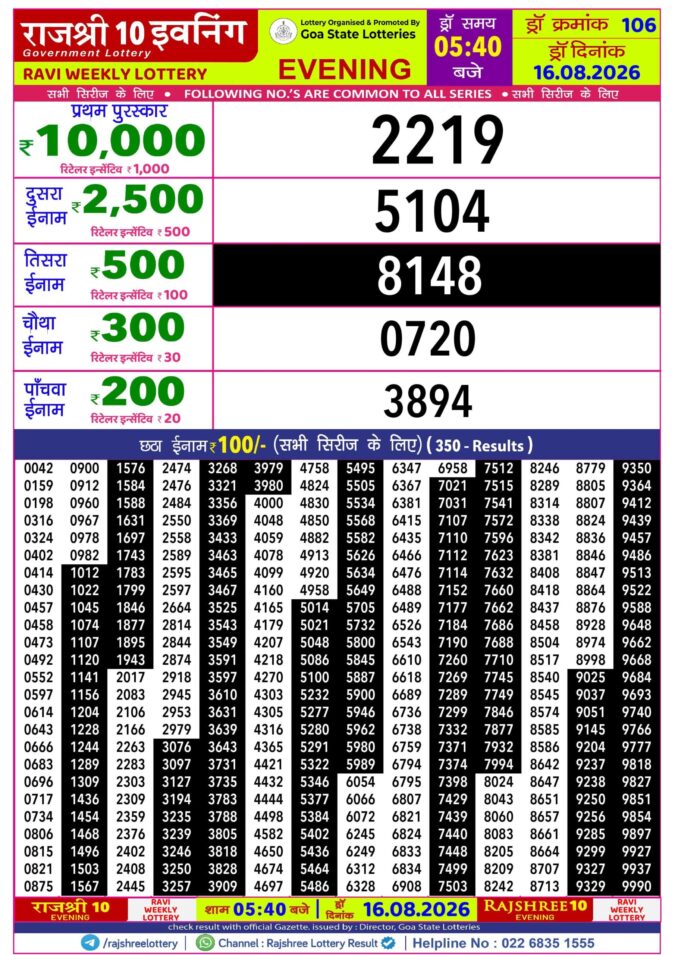 Lottery Result Today 16.08.26