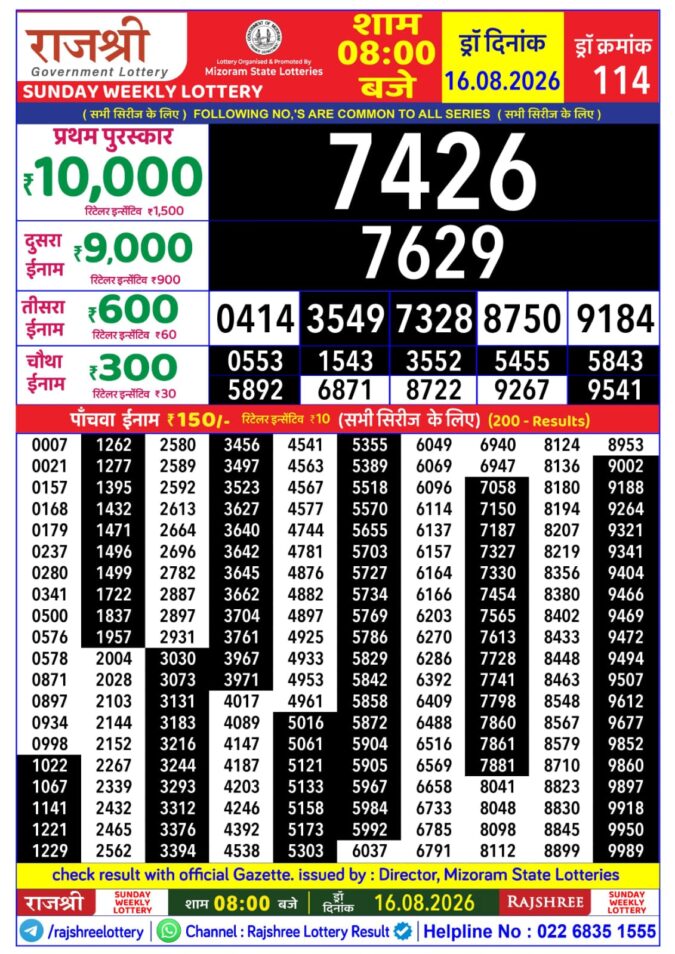 Lottery Result Today 16.08.26