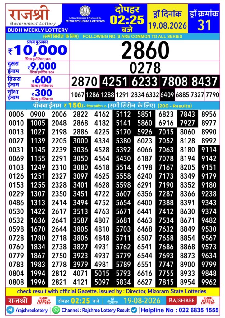Lottery Result Today 19.08.26