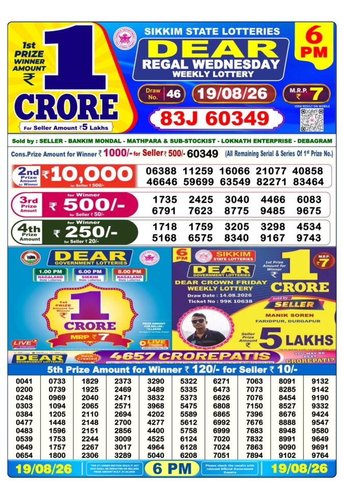 19-08-26 Sikkim State Lottery 6 PM Dear Result Lottery Result Today 19.08.26