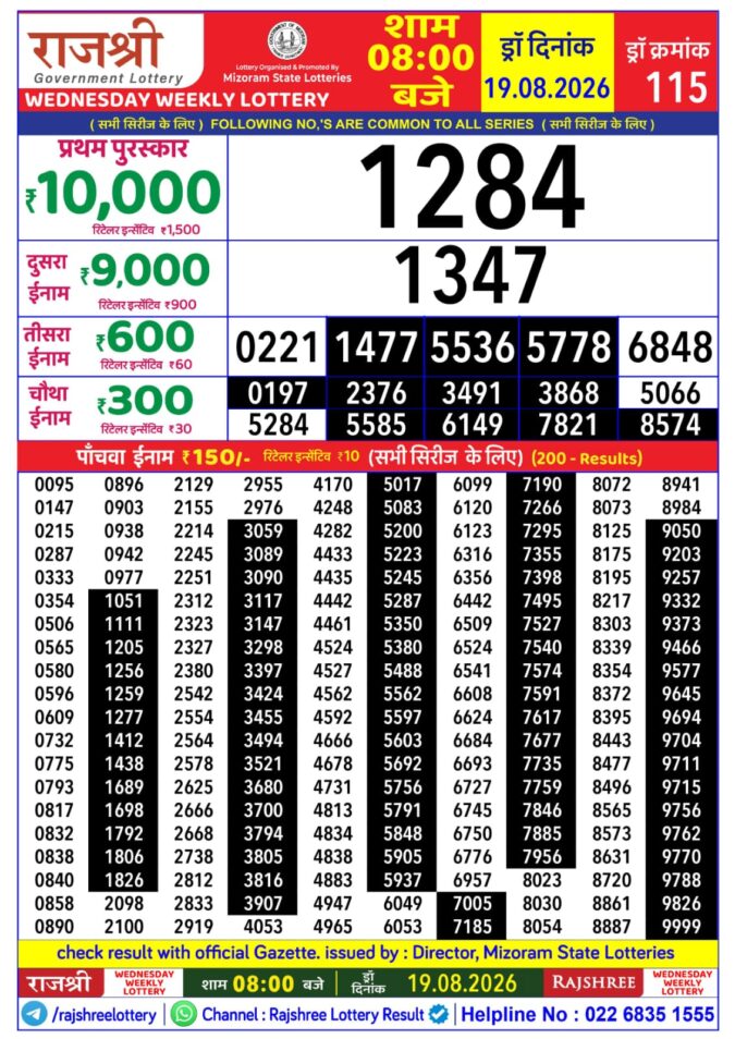 19-08-26 Rajshree Lottery 8 PM Result Today Lottery Result Today 19.08.26