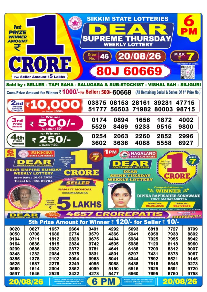 20-08-26 Sikkim State Lottery 6 PM Dear Result Lottery Result Today 20.08.26