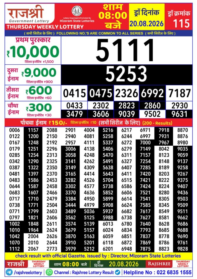 20-08-26 Rajshree Lottery 8 PM Result Today Lottery Result Today 20.08.26