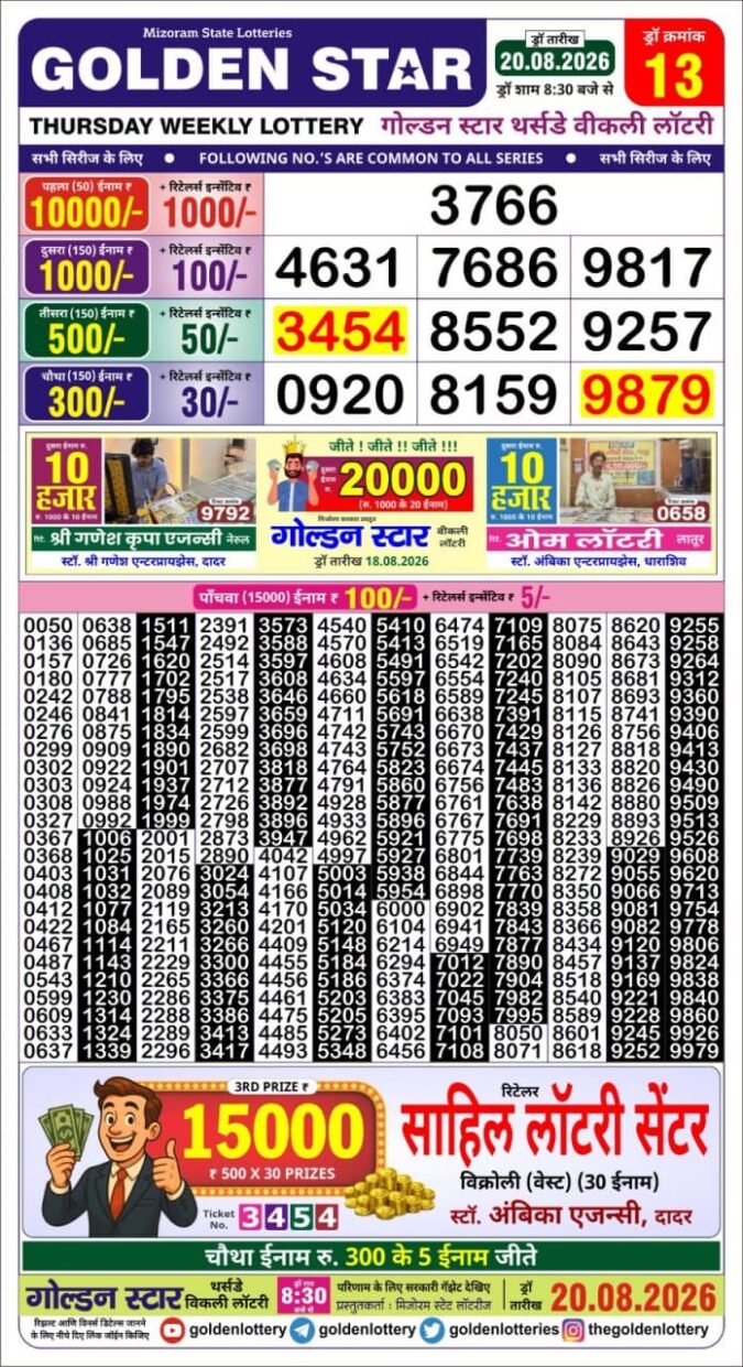 20-08-26 Golden Star Weekly 8:30 PM Result Today Lottery Result Today 20.08.26