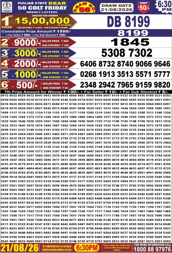 21-08-26 Punjab State Lotteries Dear 50 6:30 PM Result Lottery Result Today 21.08.26