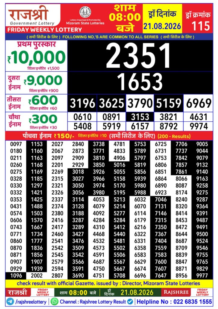 21-08-26 Rajshree Lottery 8 PM Result Today Lottery Result Today 21.08.26