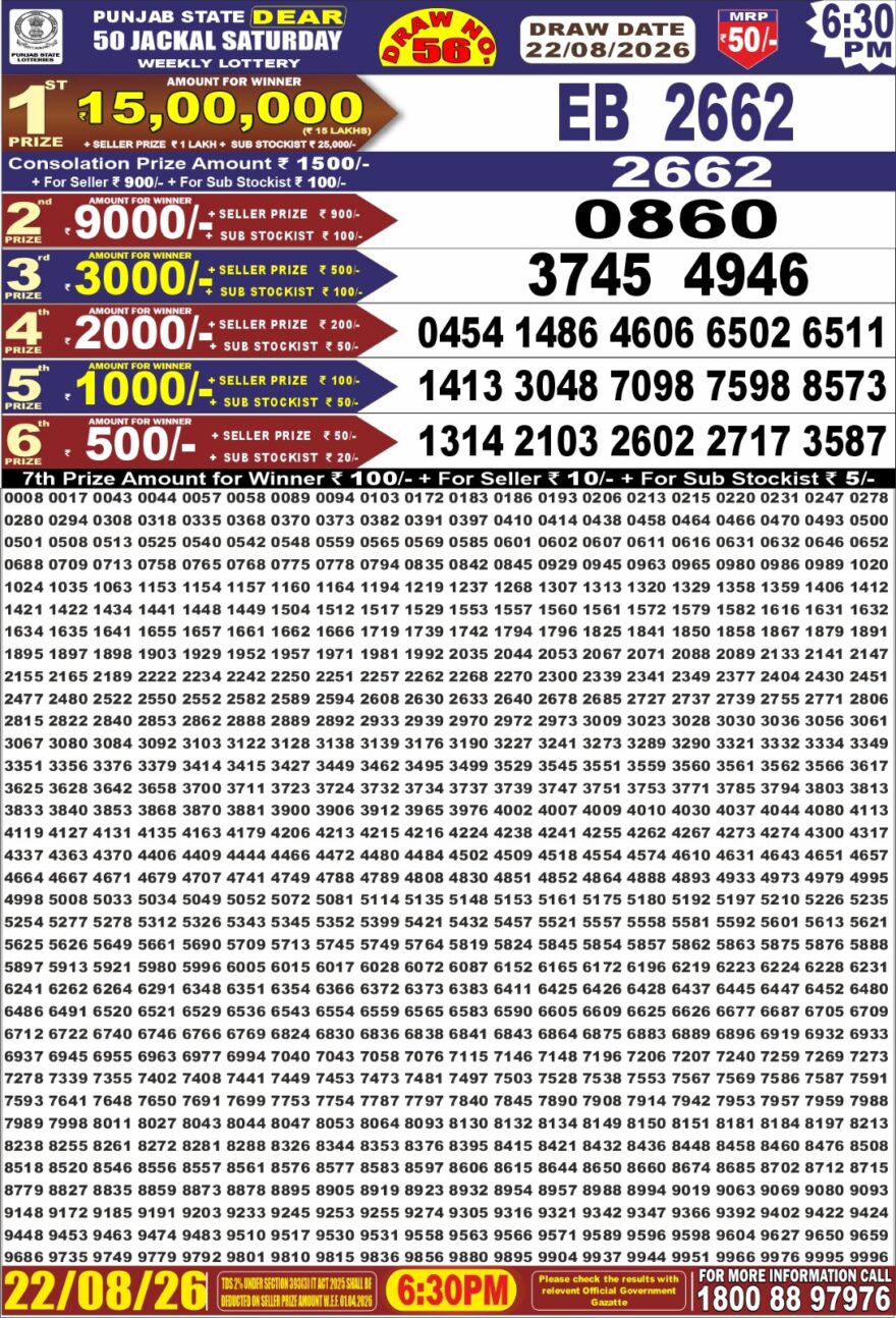Lottery Result Today 22.08.26