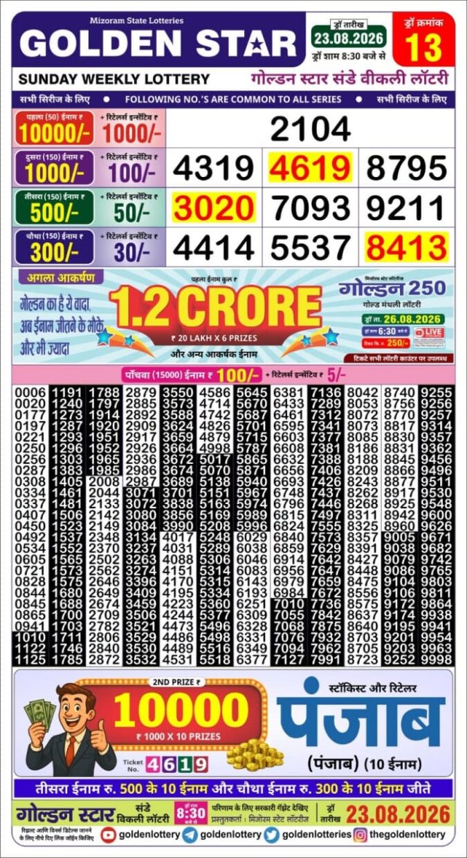 23-08-26 Golden Star Weekly 8:30 PM Result Today Lottery Result Today 23.08.26