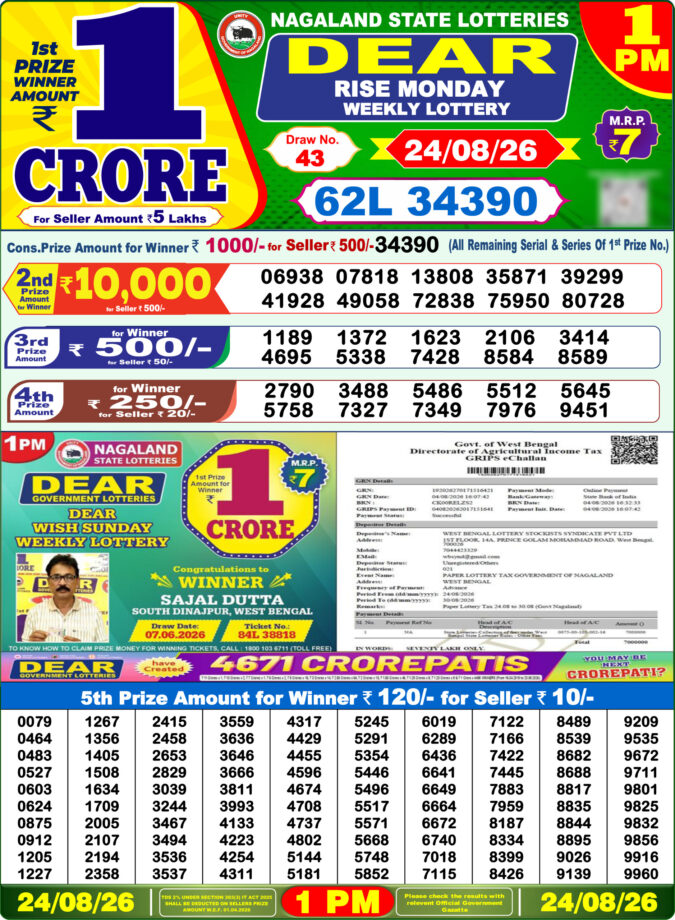 24-08-26 Lottery Sambad 1 PM Result Dhankesari Lottery Result Today 24.08.26