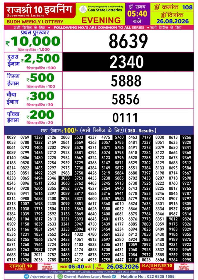 26-08-26 Rajshree 10 Evening 5:40 PM Result Lottery Result Today 26.08.26