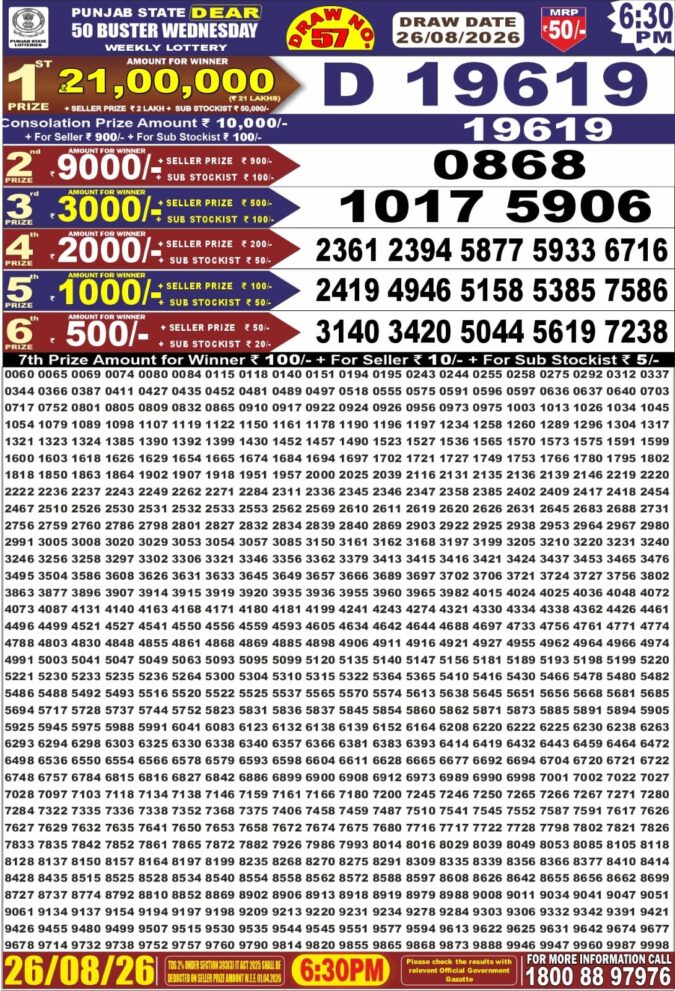 26-08-26 Punjab State Lotteries Dear 50 6:30 PM Result Lottery Result Today 26.08.26