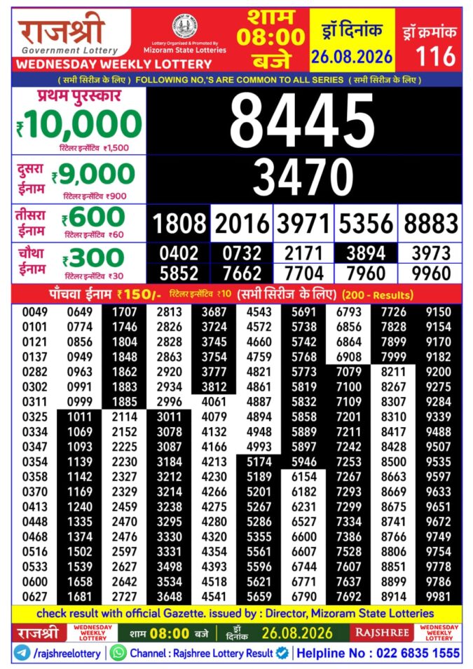26-08-26 Rajshree Lottery 8 PM Result Today Lottery Result Today 26.08.26