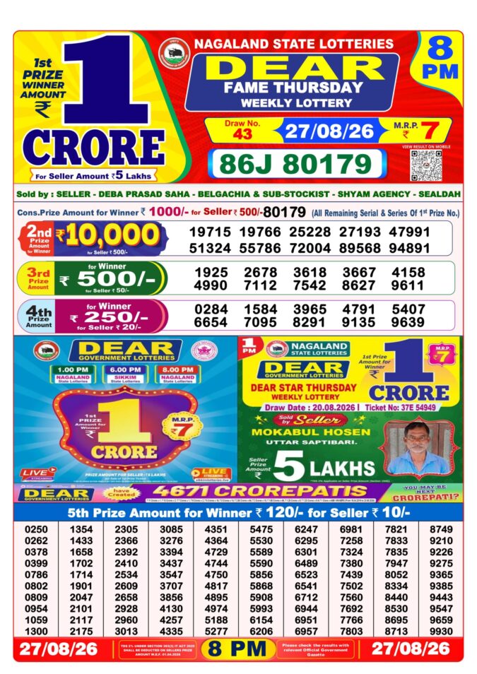 27-08-26 Nagaland Lottery Sambad 8 PM Result Dear Lottery Lottery Result Today 27.08.26