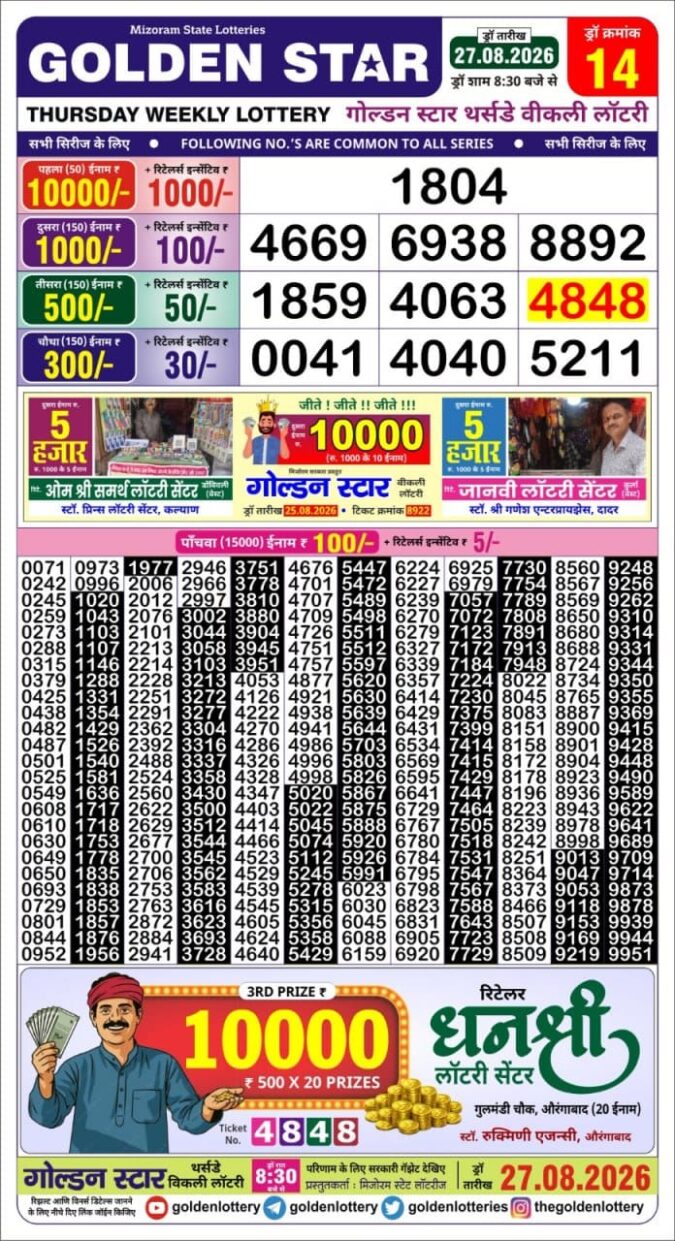 27-08-26 Golden Star Weekly 8:30 PM Result Today Lottery Result Today 27.08.26