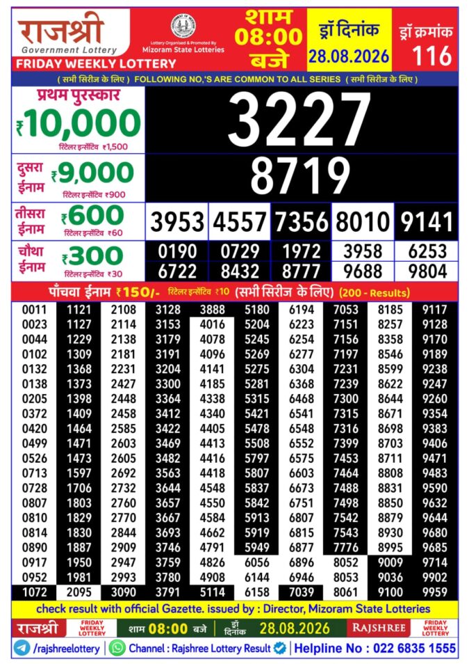 28-08-26 Rajshree Lottery 8 PM Result Today Lottery Result Today 28.08.26