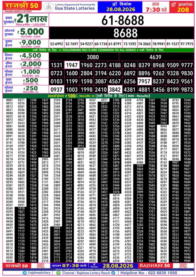 28-08-26 Goa Rajshree 50 Weekly 7:30 PM Result Lottery Result Today 28.08.26