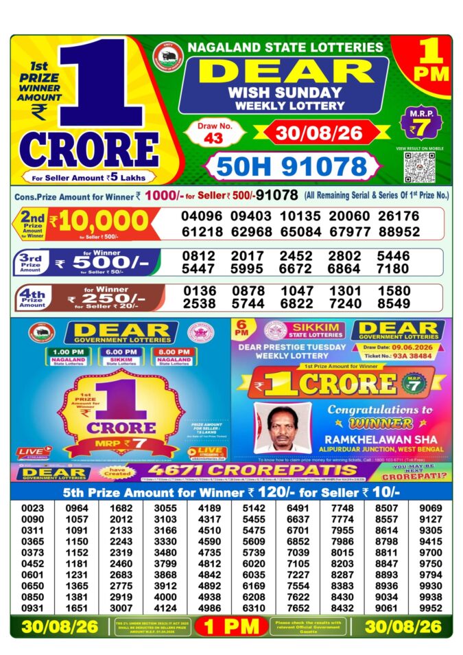 30-08-26 Lottery Sambad 1 PM Result Dhankesari Lottery Result Today 30.08.26