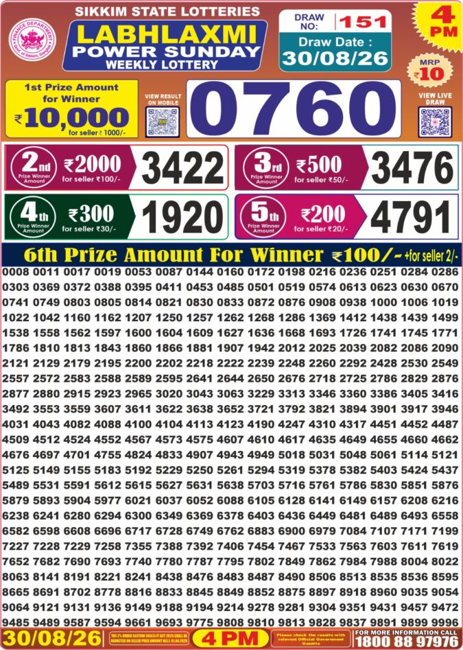 30-08-26 Labh Laxmi 4 PM Lottery Lottery Result Today 30.08.26