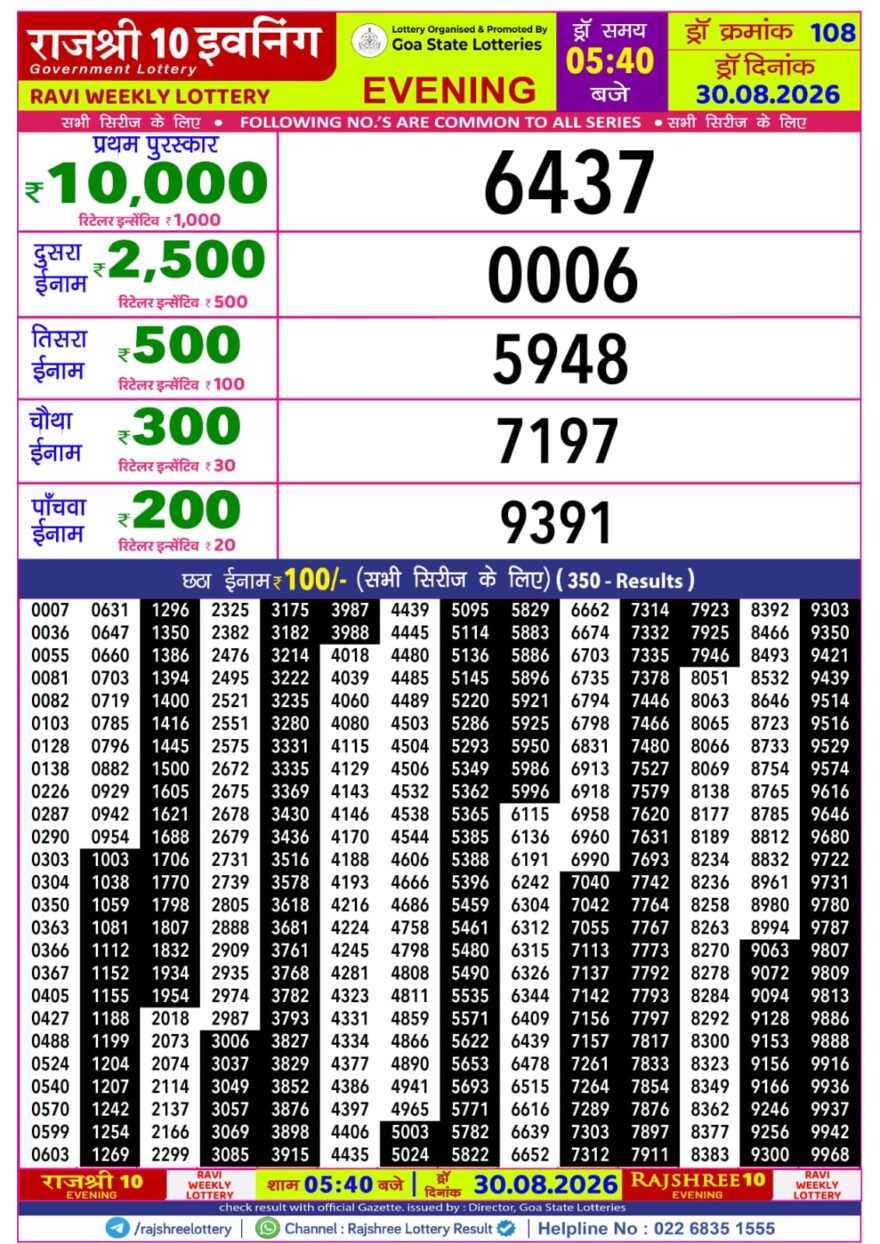 Lottery Result Today 30.08.26