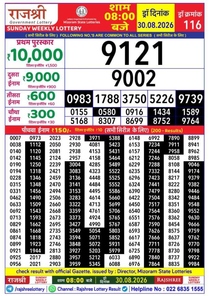 30-08-26 Rajshree Lottery 8 PM Result Today Lottery Result Today 30.08.26