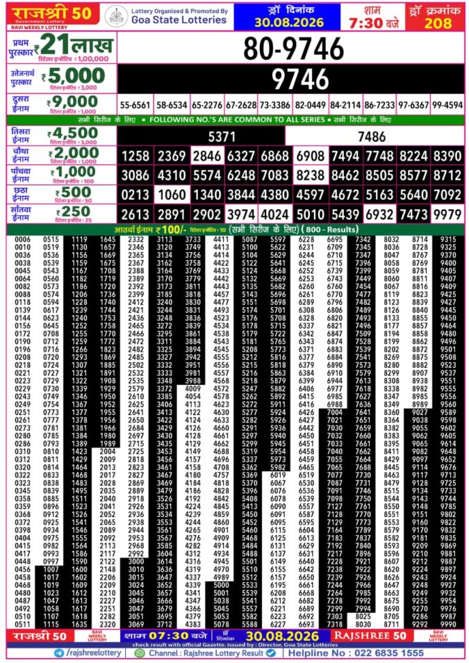 30-08-26 Goa Rajshree 50 Weekly 7:30 PM Result Lottery Result Today 30.08.26