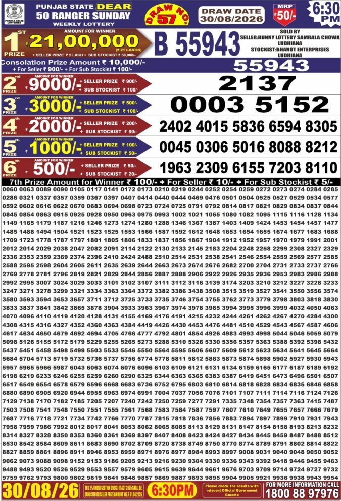 30-08-26 Punjab State Lotteries Dear 50 6:30 PM Result Lottery Result Today 30.08.26