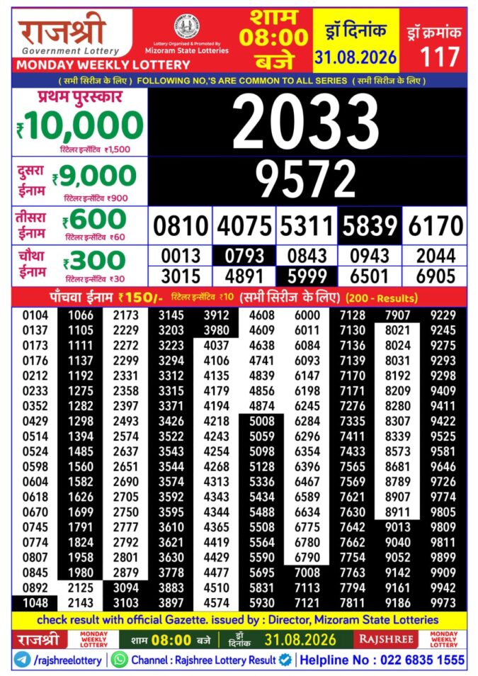 31-08-26 Rajshree Lottery 8 PM Result Today Lottery Result Today 31.08.26