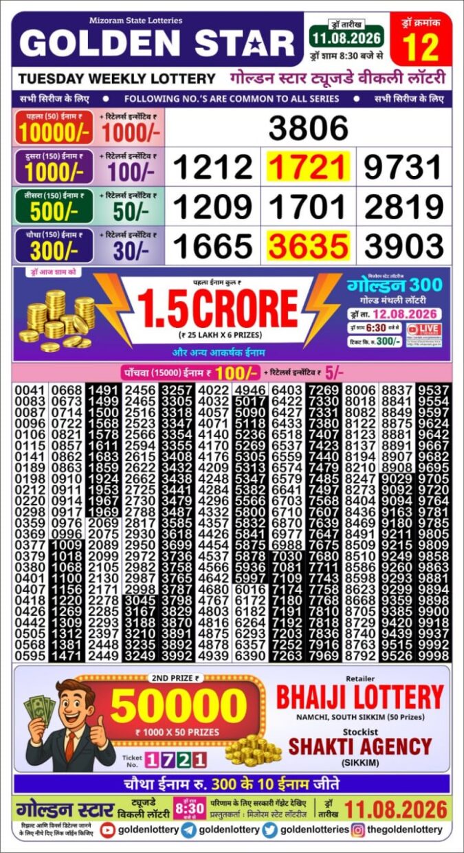 11-08-26 Golden Star Weekly 8:30 PM Result Today Lottery Result Today 11.08.26