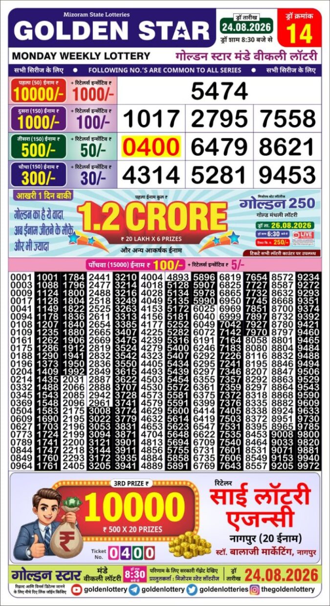 24-08-26 Golden Star Weekly 8:30 PM Result Today Lottery Result Today 24.08.26