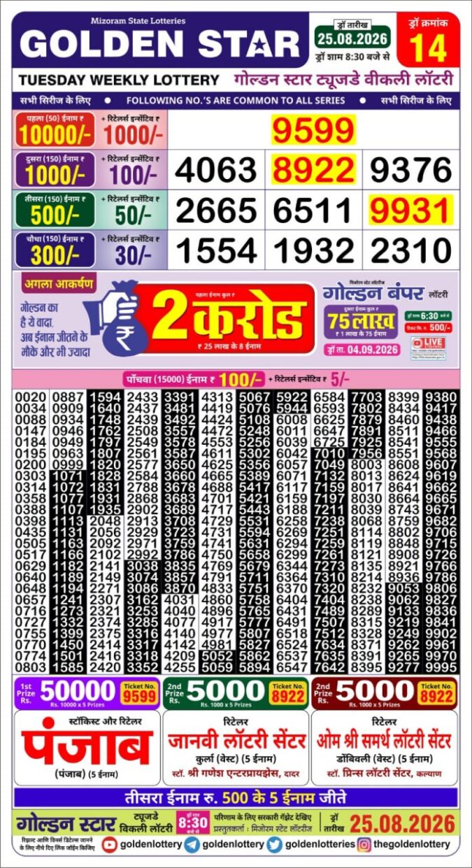 25-08-26 Golden Star Weekly 8:30 PM Result Today Lottery Result Today 25.08.26