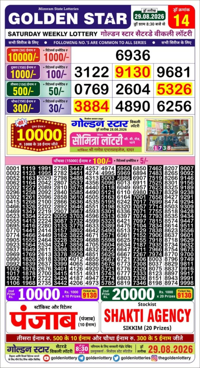 29-08-26 Golden Star Weekly 8:30 PM Result Today Lottery Result Today 29.08.26