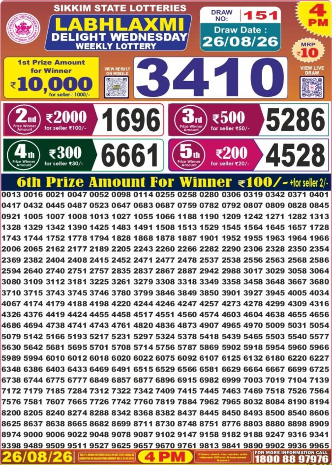 26-08-26 Labh Laxmi 4 PM Lottery Lottery Result Today 26.08.26
