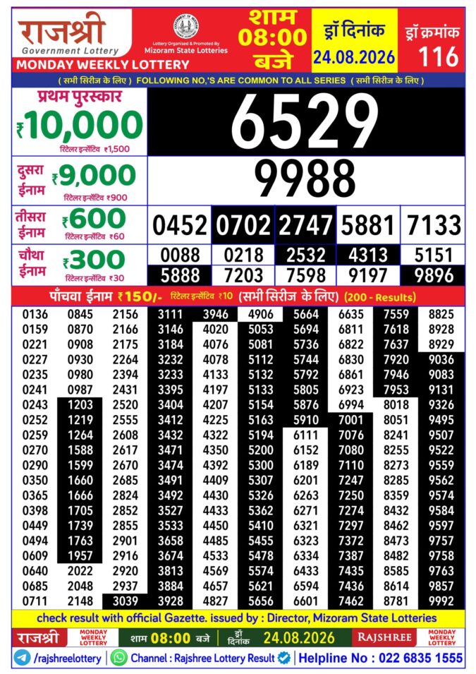 24-08-26 Rajshree Lottery 8 PM Result Today Lottery Result Today 24.08.26