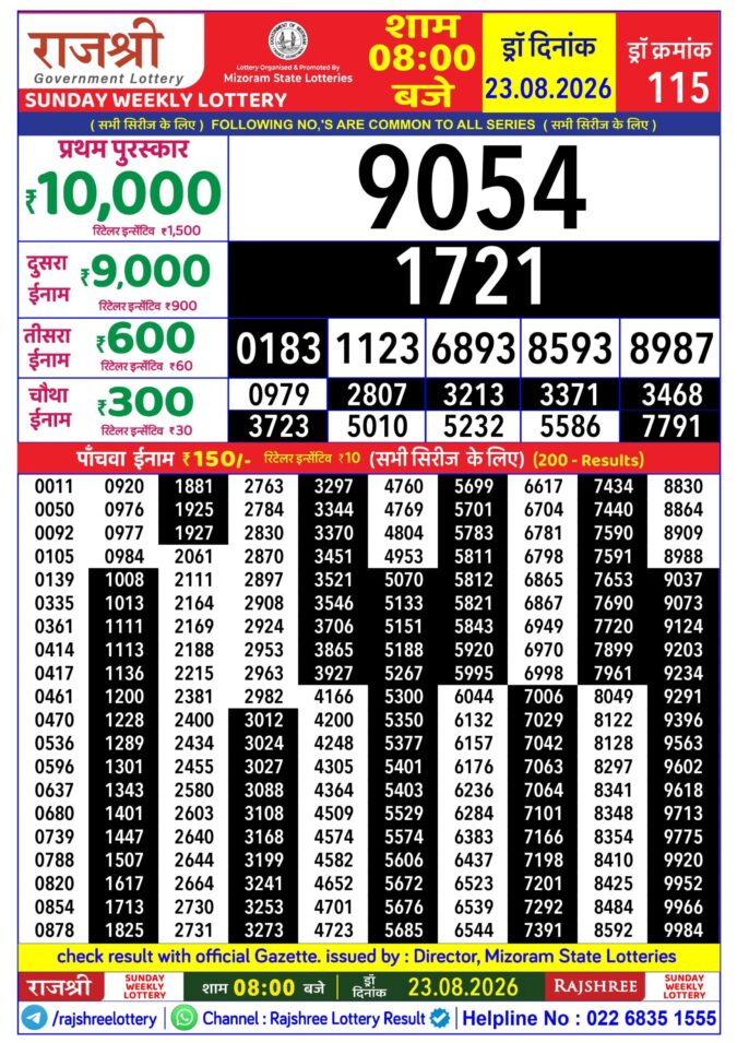 23-08-26 Rajshree Lottery 8 PM Result Today Lottery Result Today 23.08.26