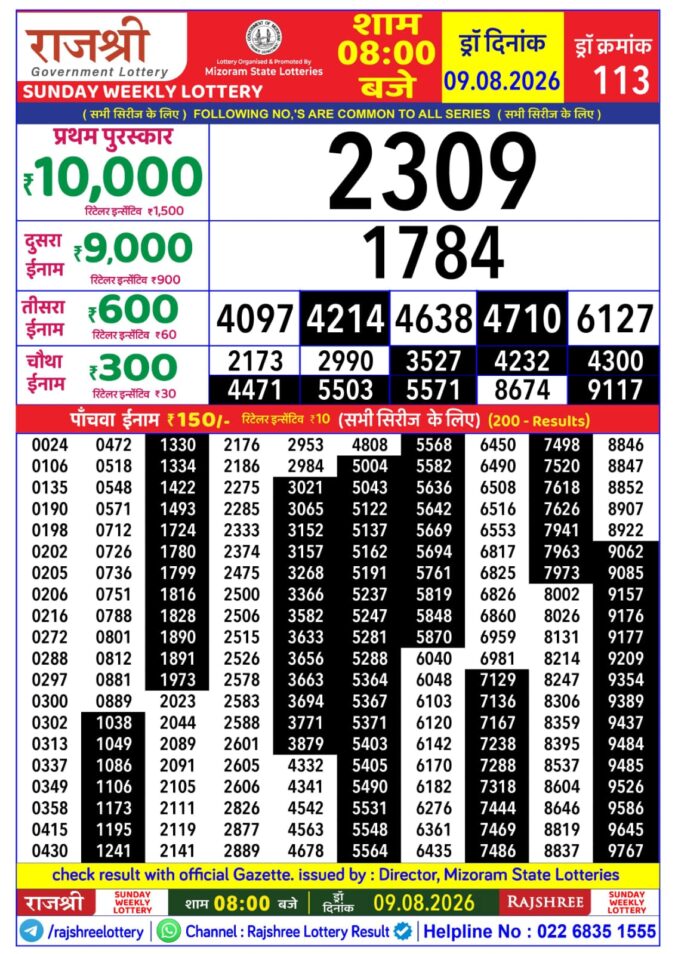 09-08-26 Rajshree Lottery 8 PM Result Today Lottery Result Today 09.08.26