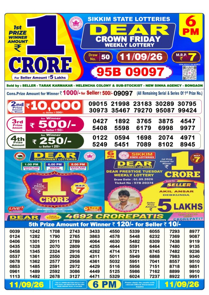 11-09-26 Sikkim State Lottery 6 PM Dear Result Lottery Result Today 11.09.26